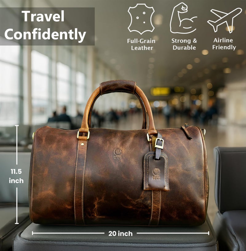 Rustic Town Leather Holdall Bags for Men - Travel Overnight Duffle - Weekend Carry On Suitcase - Underseat Flight Cabin Duffel Bag, Brown, L, Mens leather weekend bag - Image 3